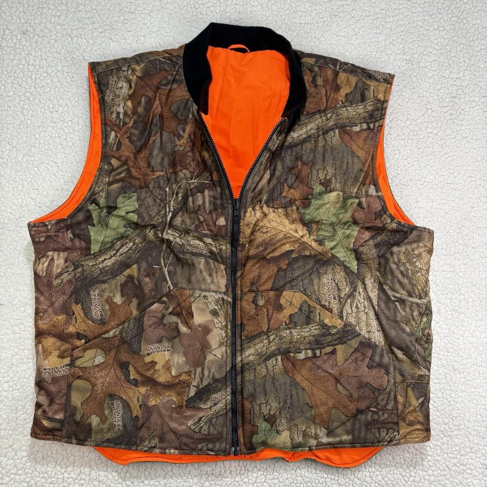 Cabelas Vest Mens XL Advantage Timber Camo Reversible Orange Hunting USA Brown